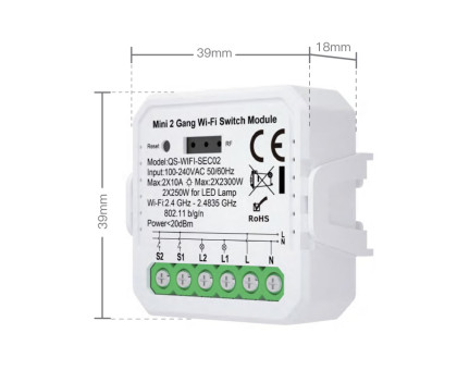  Умный выключатель (реле) 2-канальный Tuya Wi-Fi QS-WIFI-SEC02